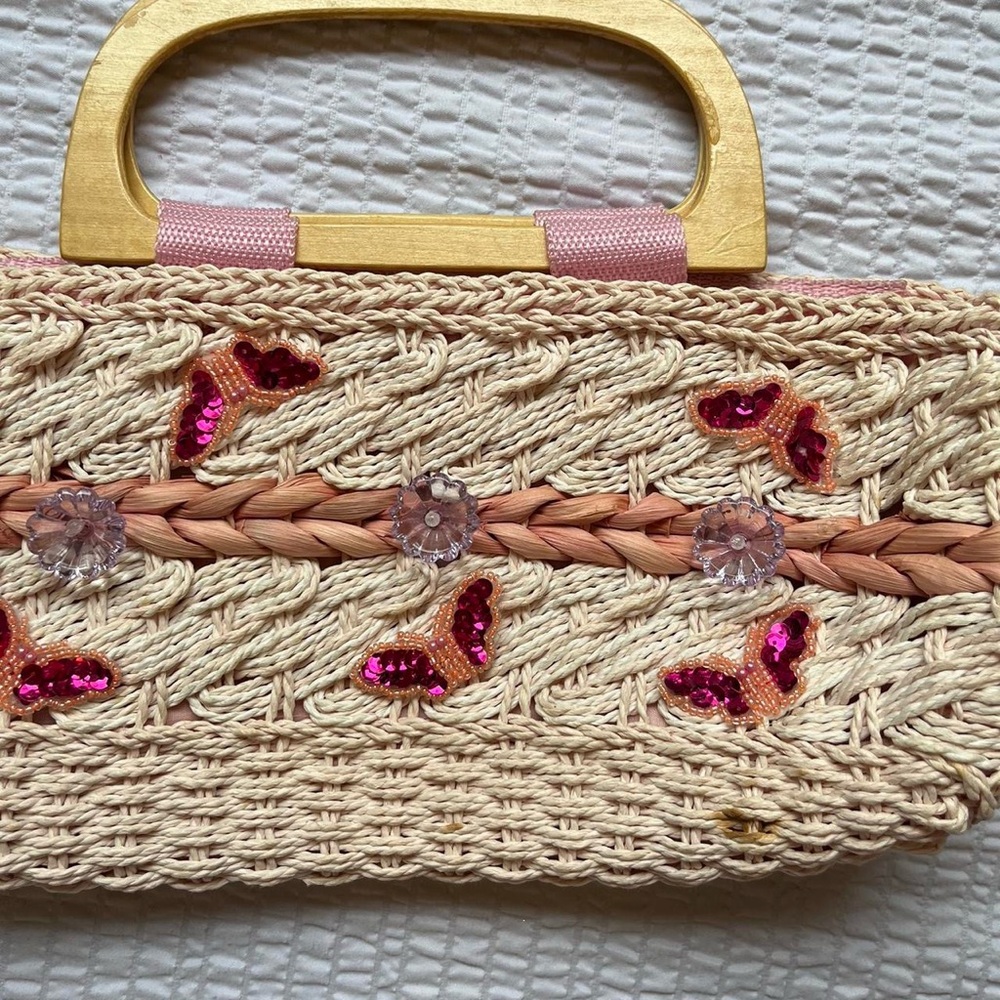 Coquette Y2K Straw Tote Floral Appliqué Butterfly Beads Vintage EUC - Picture 3 of 7